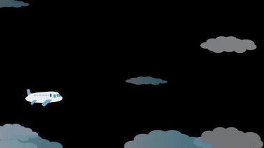 Karanlık, bulutlu bir gökyüzünde uçak yolculuğu, stilize sanat eserleri. Koyu bulutlu bir zemin üzerinde süzülen beyaz uçak