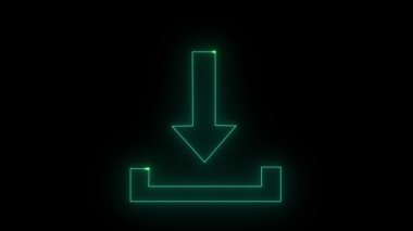 Parlak yeşil neon indirme simgesi, yatay bir çizgi üzerinde aşağı doğru ok, parlak siyah bir arkaplan üzerine kurulmuş. Dijital içerik, teknoloji temalı animasyonlar veya kullanıcı arayüzü tasarımları için mükemmel.