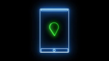 Animasyon konum simgesi olan Neon akıllı telefon. Konum hizmetleri, harita uygulamaları veya hareket tasarım projeleri için temiz ve modern bir görsel ideal.