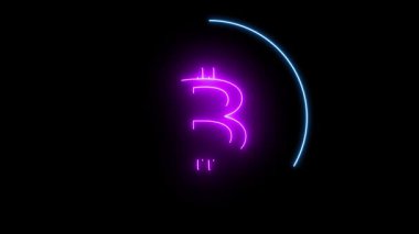 Minimalist neon Bitcoin simgesi, dijital ekonomiyi, yatırımları ve paranın parlak ve soyut bir şekilde evrimini temsil eden siyah bir zeminde hafifçe parlar..