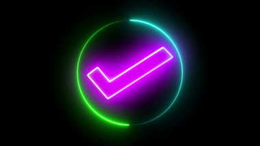 Violet neon işareti parlak bir şekilde parlar, yumuşak açık yeşil bir yüzükle çevrelenmiş, karanlık bir arkaplanda hafifçe titreşir. Gösterişli ve soyut bir onay, başarı ve ilerleme sembolü.