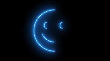 Açık mavi parlak neon çizgisi gülen yüz simgesi animasyonu koyu siyah arkaplanda izole edildi. Soyut mutlu gülen yüz sohbet sembolü.