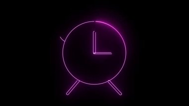 İki çan ve klasik saat elli yuvarlak bir çalar saatin parlak ve basit neon animasyonu, koyu bir arkaplanda canlı pembe parlıyordu..