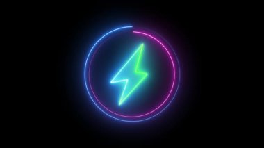 Neon mavi bir şimşek sürgüsüyle çevreleyen modern elektrik temalı animasyon parlak siyah arka plan üzerindeki enerji ve pil yükünü sembolize ediyor..