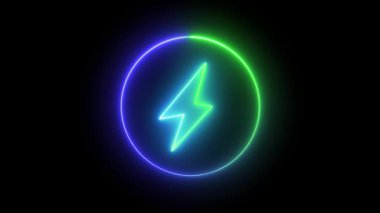 Parlayan neon renkli pil koyu siyah arkaplanda güç sembolü şarj ediyor. Enerjiyi ve gücü simgeleyen.