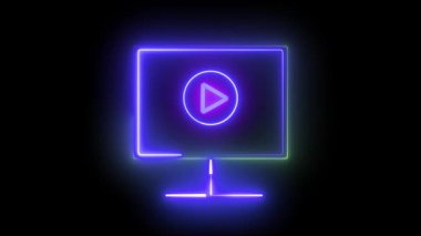 Koyu bir arkaplan karşısında canlı renklerde parlayan, bir çalma düğmesini gösteren bir bilgisayar monitörünün neon tarzı çizimi.