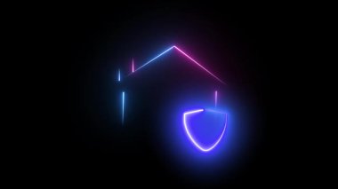 Kalkanı olan, güvenlik ve güvenliği temsil eden, mavi ve pembe ışıklarla parlayan, koyu bir arkaplanda parlayan parlak neon renkli bir evin canlandırması..