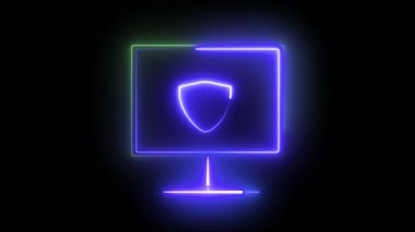 Bilgisayar güvenliği ve güvenliğini sembolize eden bir kalkanı olan modern neon bir bilgisayar çizgisi. Bilgisayar güvenlik şirketleri, uygulamalar veya dijital hizmetler için ideal.