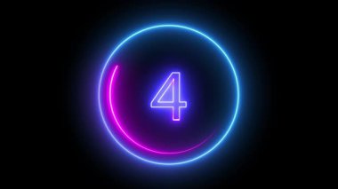 Dört numaralı göz kamaştırıcı mavi ve pembe neonlu ışıl ışıl, dairesel bir çerçeve içinde, koyu bir arkaplanda yoğun bir şekilde parlayan.