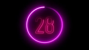 Parlayan bir dairenin içinde parlak neon ışıklı 28 numara. Dijital sanat için gelecek tasarımı, işaret kavramları ve canlı görsel estetik..