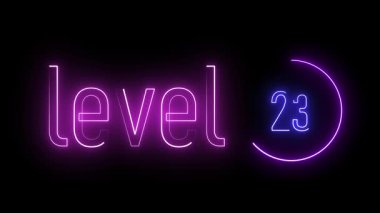 Daire çizgisi içinde 23. seviye mavi neon tabela. Oyun, dijital sanat ve gelecekteki görsel temalar için parlak metin tasarımı.