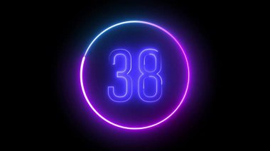 Parlayan neon çemberde 38 numara. Dijital görüntüler, teknolojik görseller ve sanatsal markalaşma öğeleri için modern ışık sanatı.
