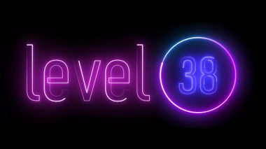 38. seviyeyi çevreleyen neon halka. Görseller, retro estetik ve oyundan esinlenen grafikler için parlayan dijital illüstrasyon.