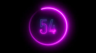Mor renkli parlak neon renkli 54 numara işaretleme, damgalama ve estetik temalar için dijital kavramı yakalayan dairesel bir göz parıltısı ile çevrili..