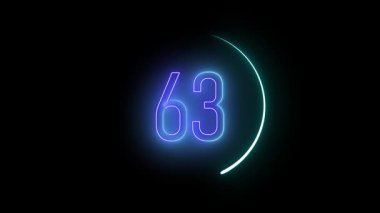 63 numaralı animasyon neon geri sayım. Dijital medya ve teknolojik görseller için dairesel bir dış hat içindeki elektrik parlayan numara.
