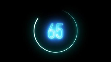 65 numaralı dairesel neon çerçeve. Oyunlar, markalaşma ve yaratıcı dijital içerik için geleceksel sayma animasyonu.