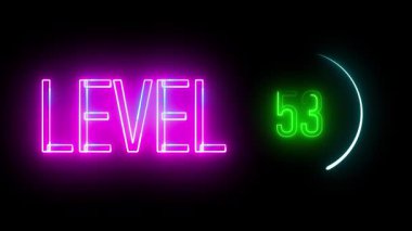 Seviye 53 metni çevreleyen dairesel neon çizgisi. Oyun seviyeleri, hareket grafikleri ve dijital tasarım için elektrik işaret kavramı.