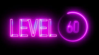 Dairesel neon ışıkta 60 derece stilize edilmiş. Oyun seviyeleri, retro görseller ve sanal ortamlar için yüksek etkili dijital işaret kavramı.