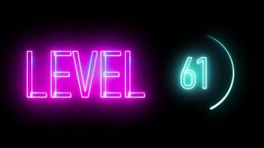 Neon ışıkları dairesel çerçevenin 61. seviyesinde. Oyunlar, arayüzler ve dijital tasarımlar için parlak geçmişe dönük sayı gösterimi.