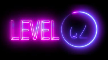Dairesel neon ışıklı ışıklandırma seviyesi 62. Modern oyun örtüleri ve hareket görselleri için parlak metin.