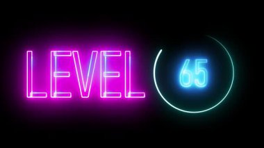 Floresan neon levhası dairesel çerçevede 65. seviye gösteriyor. Fütürist markalaşma ve geri sayım görselleri için dijital sanat kavramı.