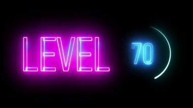 Dairesel ışıkla çerçevelenmiş 70 'inci seviye canlı neon metin. Oyun HUD 'ları, geri sayımlar ve görsel hikaye anlatımları için geçmişe dönük ilham verici bir görüntü.