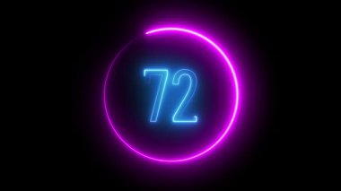 Parlayan neon 72 numara, parlak dairesel ışıkla çevrili. Modern sayaçlar, seviyeler ve UI elementleri için canlı dijital tasarım.