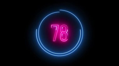 Parlayan neon 78 numara. Modern dijital ve retro-stil görseller için siyah arkaplan üzerinde canlı dairesel tasarım.