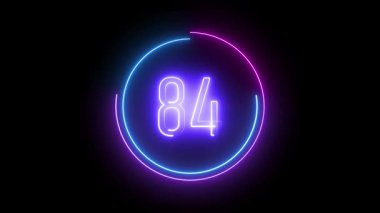 Dairesel çerçevede 84 numaralı neon tarzı. Teknoloji ve oyun görselleri için siyah arkaplan üzerinde parlak mor ve mavi tasarım.