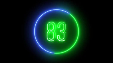 Parlak dairesi olan 83 numaralı dijital neon. Fütürist tanıtımlar ve geri sayım animasyonları için parlak, aydınlatılmış tasarım.
