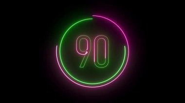 Radyasyon neon çemberinde 90 numara. Görsel efektler, geri sayımlar ve seviye geçişleri için parlak döngü hazır grafiği.