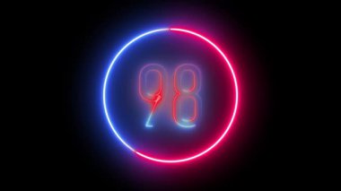 Dinamik neon 98 animasyon. Fütürist ve teknolojik görseller için siyah arkaplan üzerinde renkli dairesel hareketli parlayan sayı.