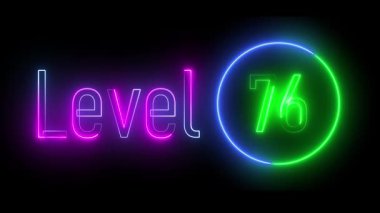 Parlak dairesel bir parıltıyla çevrili 'Seviye 76' yazılı yeşil ve mor neon tabela. Modern oyun tanıtımları, VJ döngüleri veya teknik video içeriği için tasarlandı.