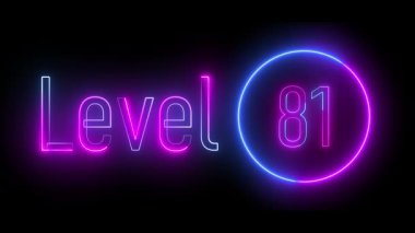 Renkli mavi ve mor renkli, parlayan dairesel çizgili 81 'inci seviye neon metin. Fütüristik oyun tanıtımları, dijital hareket grafikleri ve canlı ortam geçişleri için ideal.