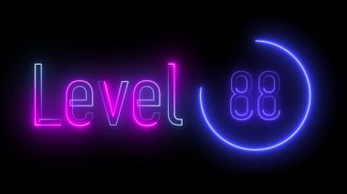 Parlak mavi ve mor renkli neon 'seviye 88' işareti ve parlak dairesel bir dış hatla. Futuristik oyun görselleri, dinamik dijital geçişler ve teknolojik sunumlar için mükemmel..