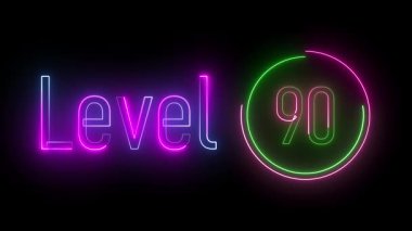 Canlı neon 'seviye 90' işareti. Parlak mavi ve mor renkler ve dairesel bir çizgisi var. Fütürist oyun arayüzleri, medya geçişleri ve dijital sanat eserleri için çarpıcı bir tasarım.