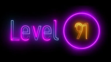 Parlayan mavi ve mor seviye 91 neon tabela dinamik dairesel bir hatla çevrili. Bilim kurgu ve oyun görselleri, dijital UI tasarımları ve modern hareket grafikleri için mükemmel..