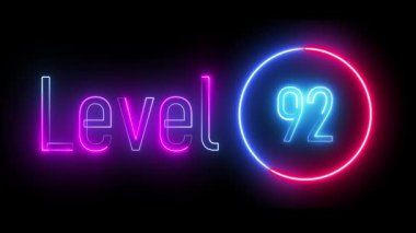 Mavi ve menekşe. Seviye 92. Parlak dairesel ışıltıyla çevrili neon metin. Modern oyun HUD 'leri, animasyon video projeleri ve yüksek teknolojili dijital tabela tasarımları için mükemmel..