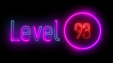 Renkli neon rengi, dairesel çizgileri parlayan 93. seviye işareti. Oyun seviyeleri, dinamik geçişler ve modern dijital efektler için canlı animasyon tasarımı.