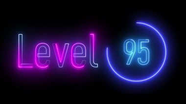 Neon 'Seviye 95' işareti parlayan dairesel bir hatla çerçevelenmiş ışıl ışıl renklerin karışımı. Etkileşimli dijital sanat, teknik sunumlar ve dinamik oyun görselleri için ideal.