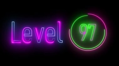 Renkli 'Seviye 97' neon ve parlayan bir ışık halkası. Oyun tanıtımları, hareket grafikleri ve dijital seviye gösterimleri için dinamik, ışıltılı tasarım.