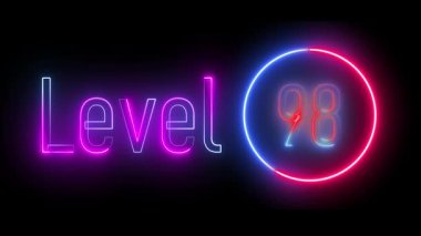 Parlak dairesel hatları olan göz kamaştırıcı bir renk dizisi içinde neon 'seviye 98' işareti. Dinamik oyun görselleri, geleceksel animasyonlar ve yaratıcı medya içeriği için mükemmel.