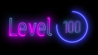Parlak dairesel çerçevede çok renkli neon 'seviye 100'. Oyun görselleri, animasyon video tanıtımları ve gelecekteki teknolojik efektler için göz alıcı ve enerjik tasarım.