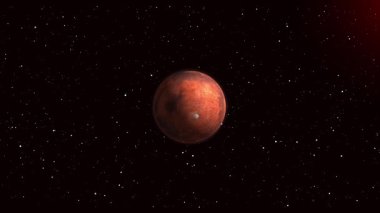 Mars gezegeni parlayan yıldızların arka planına karşı yükseliyor. Bilim kurgu tasarımları, astronomik görseller ve kozmik hikaye anlatımları için dinamik uzay animasyonu.