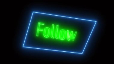 Animasyon neon takip ikonu koyu siyah fon üzerinde. Sosyal etkileşim ve medya görselleri için canlı, göz alıcı animasyon.