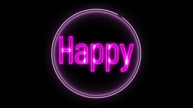 Neşeli, eğlenceli ve estetik hareketli grafikler için siyah arkaplan üzerinde mor yuvarlak çizgili neon ışık efektiyle parlayan 'mutlu' metin.