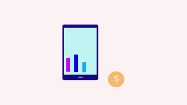 Bir madeni para ve istatistik çubuğu içeren akıllı telefon aygıtı gösterimi, mali verilerin, yatırımların ve büyümenin izlenmesinde mobil teknolojinin rolünü sembolize etmektedir.
