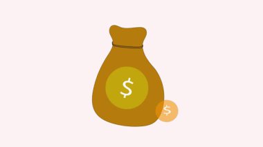 Para, para, para ve para dolu bir iş çantası ile animasyon sahnesi, beyaz bir arka planda finansal büyüme, başarı ve iş operasyonları konseptini sergiliyor.