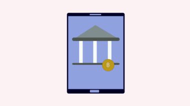 Tablet ekranda bir banka simgesi ve bitcoin imzası gösteren düz stil animasyonu, mobil bankacılık uygulamalarını ve dijital finans hizmetlerini temsil etmek için mükemmel.
