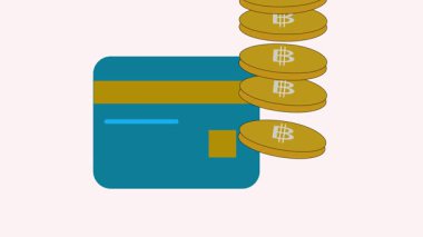 Düşen bitcoin simgesine sahip kredi kartı, fintech araçlarını, dijital alışverişleri ve elektronik ödeme yöntemlerini göstermek için mükemmel.